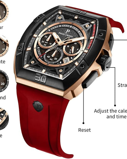 Paras Crown Watches for Men Tonneau 5ATM Waterproof Quartz Luxury Chronograph Analog Men's Wrist Watches Stainless Steel Case Mens Watches