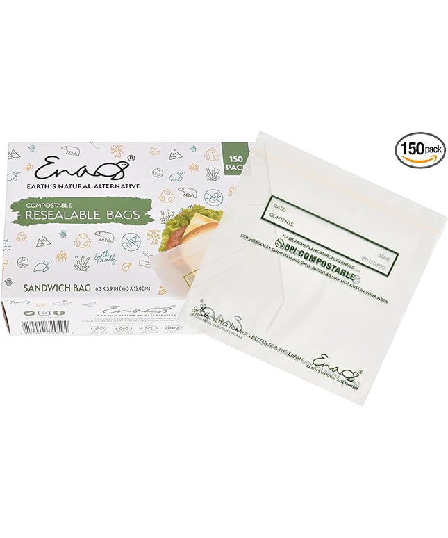 100% Compostable Food Storage Bags [Sandwich 150 Pack] Eco-Friendly Freezer Bags, Resealable Bags, Heavy-Duty, Reusable, by Earth's Natural Alternative, off white