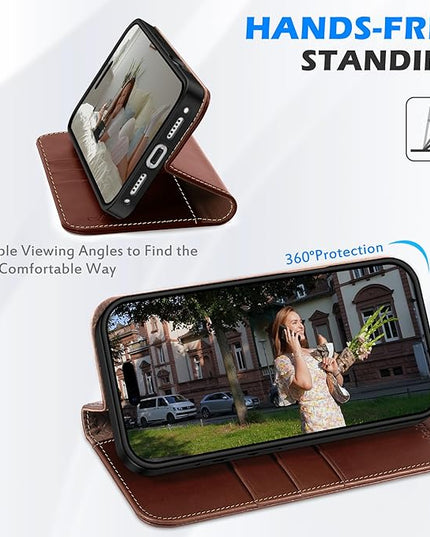 SHIELDON Case Wallet for iPhone 17 Pro 6.3-inch | Genuine Leather | Foldable Design | Magnetic Closure | RFID Blocking Card Holder | Kickstand | Drop Protection Phone Cover | Retro Coffee