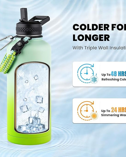 Insulated Water Bottle 87 oz, Triple Wall Vacuum Stainless Steel (Cold for 48 Hrs), Leak Proof & Non-BPA, Modern Water Flask Jug with Paracord Handle & Straw Spout Lids, Ombre Green