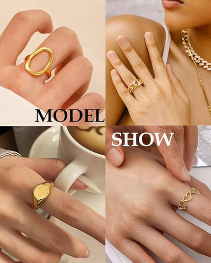 Chunky 14K Gold Plated Stackable Rings Set for Women,Vintage Knuckle Rings Dainty Hollow Carved Joint Finger Midi Rings Pack Adjustable Signet Mixed Size