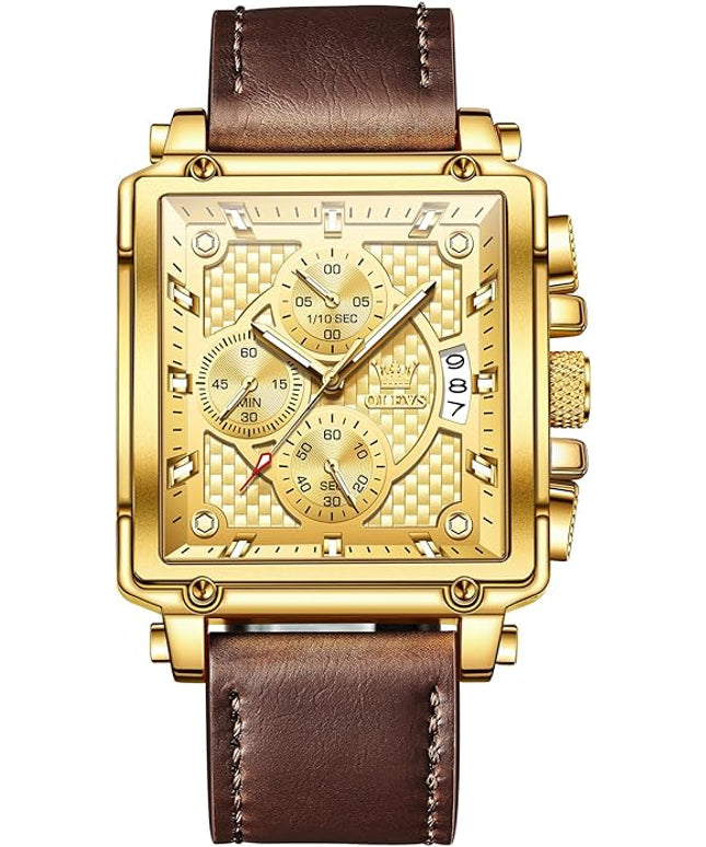 OLEVS Men's Chronograph Leather Watch, Big Face Easy to Read Analog Quartz Dress Watch, Casual Waterproof Luminous Hands Date Watches for Men, White/Blue/Black/Gold Dial