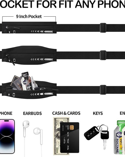 USHAKE Slim Running Belt for Women Men-Runners Phone Holder Fanny Pack, Adjustable, Bounce Free Waist Pouch bag for Workout, Money Belt, Run Gear Accessories Black