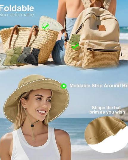 Sun Hats for Women, Wide Brim Waterproof Bucket Hat, Summer Beach Packable Ponytail Hat,UPF 50+ UV Protection