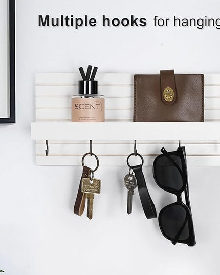 Lwenki Decorative Key Holder for Wall with Shelf, Entryway Shelf with Hooks Holds Leashes, Jackets and Glasses – Sturdy Wood Keyholder Entrance Hanger with Mounting Hardware (White, Medium)