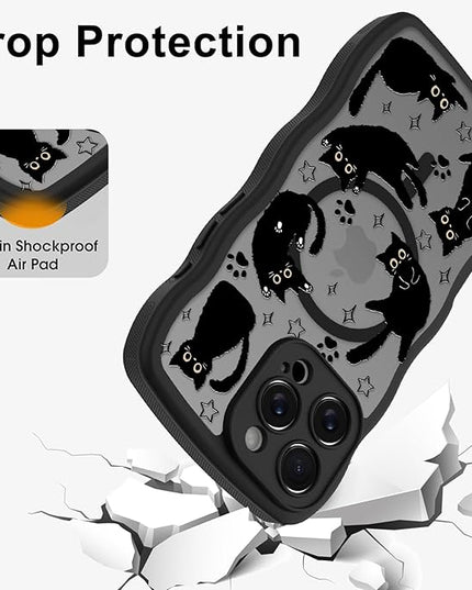Cute Case for iPhone 16 Pro Max Case [Compatible with MagSafe] with Kawaii Black Cats Cat Print Pattern Design for Women Girls, Soft Wavy Edge Anti-Slip Animal Magnetic Protective Phone Cover
