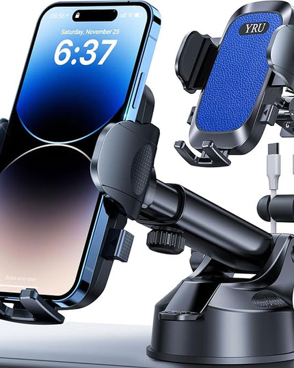 YRU [True Upgrade for Safety] Car Phone Holder Mount [Patent & Military-Grade] Dashboard Cell Phone Holder for Car Vent Windshield Phone Stand for iPhone 17 16 15 14 13 Pro Max Truck Samsung, Blue