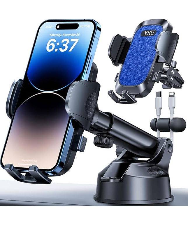 YRU [True Upgrade for Safety] Car Phone Holder Mount [Patent & Military-Grade] Dashboard Cell Phone Holder for Car Vent Windshield Phone Stand for iPhone 17 16 15 14 13 Pro Max Truck Samsung, Blue