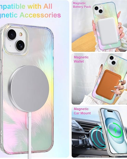 Glitter Case for iPhone 14 Plus & iPhone 15 Plus Case for Women Girls [ Compatible with Magsafe ] Clear Cute Aesthetic Girly Iridescent Feather Sparkly Bling Magnetic Phone Cover, Blue & Pink
