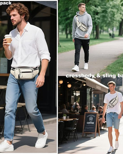 Genuine Leather Fanny Pack large capacity Crossbody Waist Bag with Zipper phone Pockets white