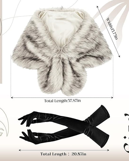 Zhanmai 2 Pcs Winter Long Shawl Cloak Stretchy Glove Opera Bridal Dance Gloves for Women Dress Party Coat