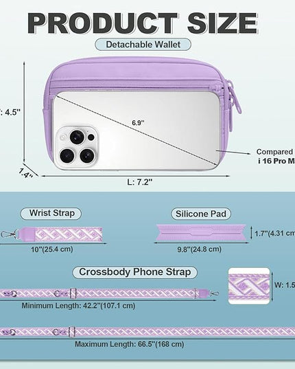 Clip and Go Strap for Phone with Wallet Crossbody, Adjustable Phone Lanyard with Detachable RFID Wristlet Wallet, Pattern Strap - Purple (L)