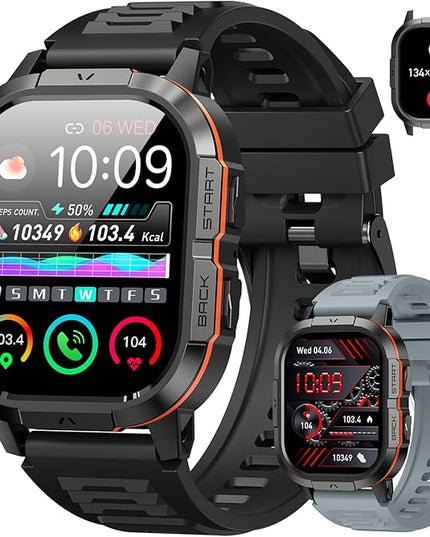 Smart Watch for Men Fitness Tracker: Make/Answer Call Military Smart Watches for Men Digital Watches Heart Rate Monitor Waterproof Running Smartwatch Android Phones iPhone Samsung Compatible 2 Bands