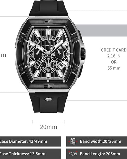 Paras Crown Watches for Men Tonneau 5ATM Waterproof Quartz Luxury Chronograph Analog Men's Wrist Watches Stainless Steel Case Mens Watches
