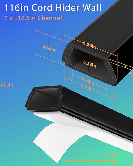 Wall Cable Hider Kit, 116in TV Wire Hider for Wall, Paintable Cord Hider Wall, Cord Organizer Hide 1-2 Cords Wall Mounted TV, Wire Cover for Wall, Cord Concealer 7XL16.5 W0.86 H0.43in, Black