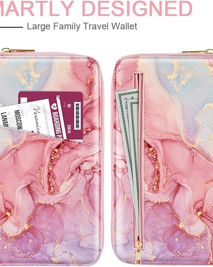 Family Passport Holder Wallet RFID Blocking Document Organizer PU Leather Mulit-purpose Travel Wallet Credit Cards Case for Women Men,Red Marble