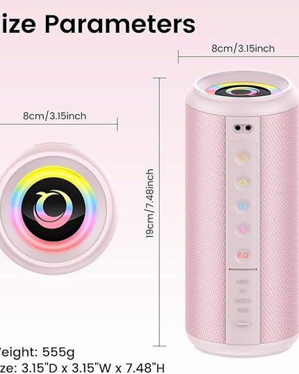 Portable Bluetooth Speaker, 2026 Bluetooth 5.4 Wireless Speaker with 20W HD Loud Stereo Sound, 20H Playtime, LED Lights, IP7, TWS Pairing, Built-in Mic, for Outdoor, Home, Beach, Party, Gift, Pink