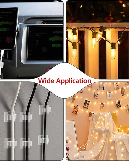 100PCS Cable Clips, Adhesive Wire Clips Organizer Cord Clips Management, Cable Staples Outdoor Strong for Wall, Desk, Christmas Lights, String Lights, Fairy Lights, Clear Glossy, Small