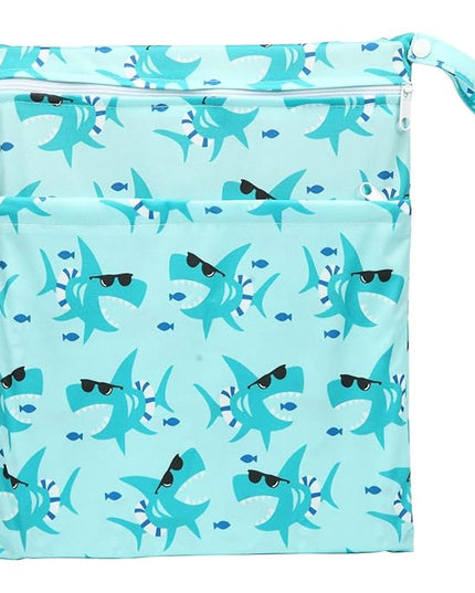 Wet Dry Bag Baby Cloth Diaper Nappy Insert Bag With Two Zippered Pockets Boys (Sharks)