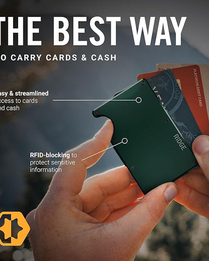 The Ridge Wallet - Slim Minimalist Compact Wallet and Card Holder, | RFID Protected Front Pocket Wallets | Integrated Cash Strap | Forest Green