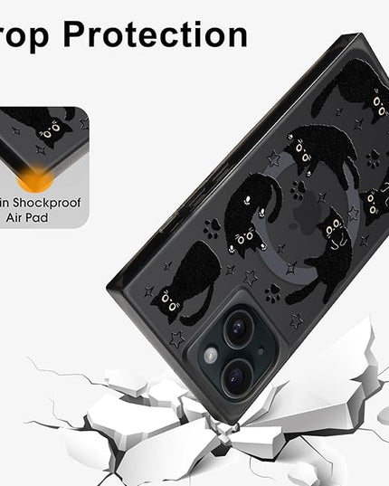 Cute Case for iPhone 15 Case for Women Girls Boys [Compatible with Magsafe] Kawaii Black Cats Cat Pattern Design, Aesthetic Girly Animal Rectangle Magnetic Protective Phone Cover