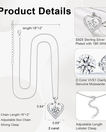 Moissanite Necklace for Women, Heart Pendant Engraved 'I Love You' Gifts for Wife, Valentine's Day Gift Anniversary Eternity Birthday Present Sterling Silver Jewelry for Her
