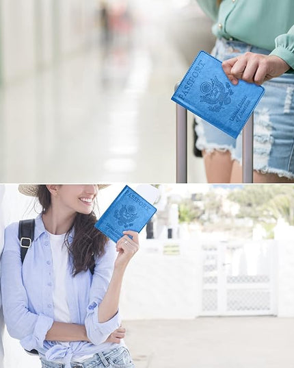 Eoehro Unisex-Adult Passport and Vaccine Card Holder Combo, Sky Blue, Faux Leather, RFID Protected