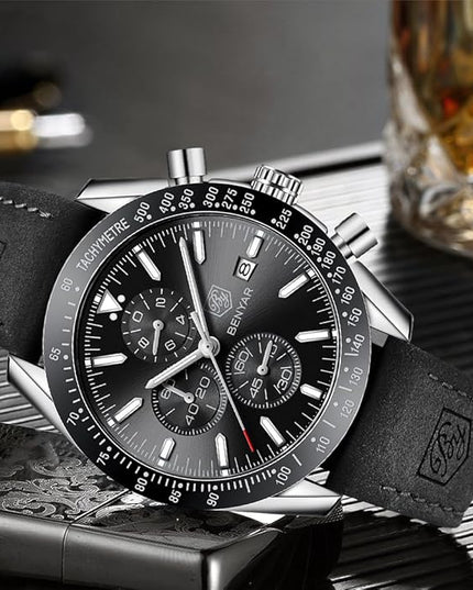 BY BENYAR Watch for Men Analog Quartz Chronograph Waterproof Luminous Designer Mens Wrist Watches Business Work Sport Casual Dress Watch with Silicone Strap Elegant Gifts for Men