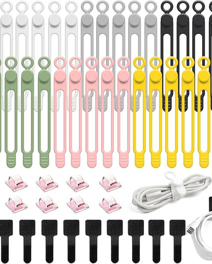 50Pcs Cord Organizer Kit, Reusable Silicone Cable Ties, Strong Adhesive Cable Clips for Cable Management, Multipurpose Wire Management for Bundling and Fastening Various Wires (6 Colors)