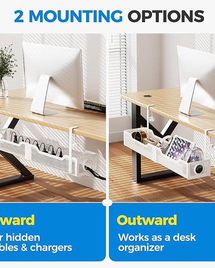 [Upgraded] Extra Large Under Desk Cable Management, Cinati 25" Wire Organizers No Drill, Cable Tray with Clamp for Wire Management, Cord Organization Box for Office, Home - No Damage to Desk(White)