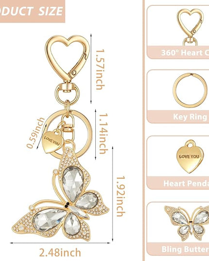 XGALBLA Cute Bling Crystals Rhinestone Butterfly KeyChain with Heart Pendant, Lovely Bag Charms for Handbags Purse Accessory