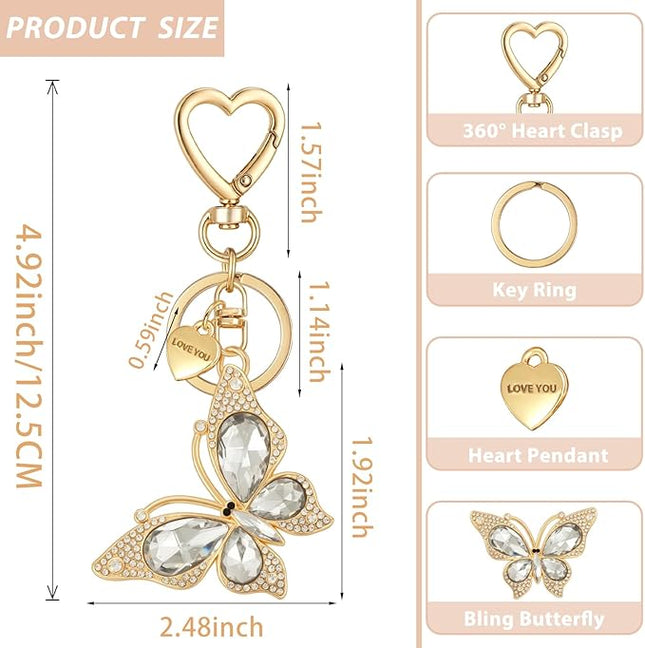 XGALBLA Cute Bling Crystals Rhinestone Butterfly KeyChain with Heart Pendant, Lovely Bag Charms for Handbags Purse Accessory
