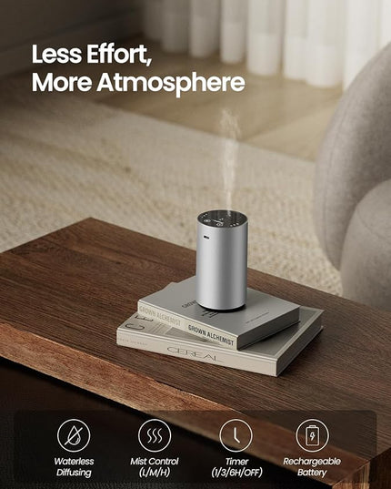 Waterless Essential Oil Diffuser, Rechargeable Scent Diffusers with 3 Mist Levels & Timers, Portable Aromatherapy Diffuser for Home Car Room Studio Office, Silver Metal