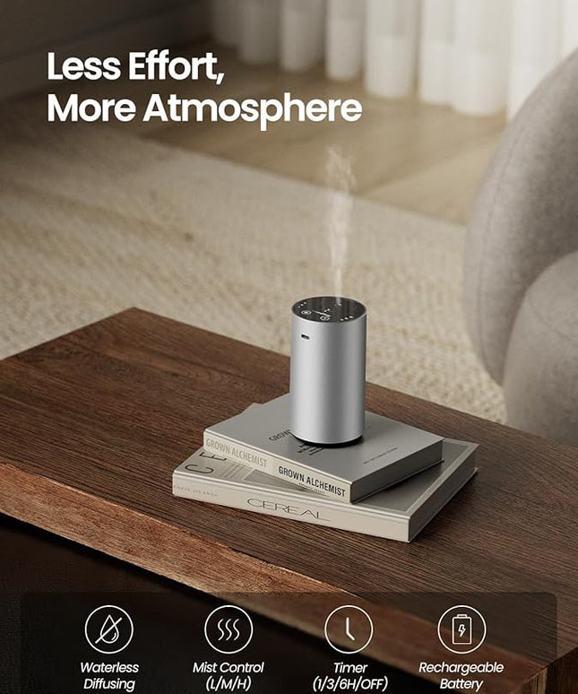 Waterless Essential Oil Diffuser, Rechargeable Scent Diffusers with 3 Mist Levels & Timers, Portable Aromatherapy Diffuser for Home Car Room Studio Office, Silver Metal