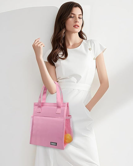 Fmeida Insulated Lunch Bag Women, 6.75L Small Lunch Bags with Multiple Pockets, Reusable Thermal Cooler Tote for Work, Office, Picnic, Travel | Hook and Loop Closure, Pink