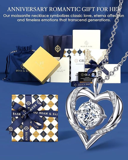 Beam & Bask 2-3 Ct Moissanite Heart Necklaces for Women, 18K Gold Plated Romantic Pendant for Anniversary Birthday, 925 Sterling Silver Jewelry for Wife Girlfriend Mom Her