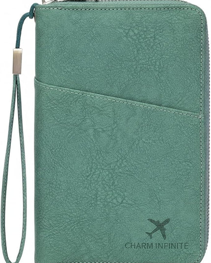 Family Passport Holder Wallet with Zipper, RFID Blocking Travel Document Organizer for Women Men, Travel Essentials Gift, Can be Worn Crossbody (Green)
