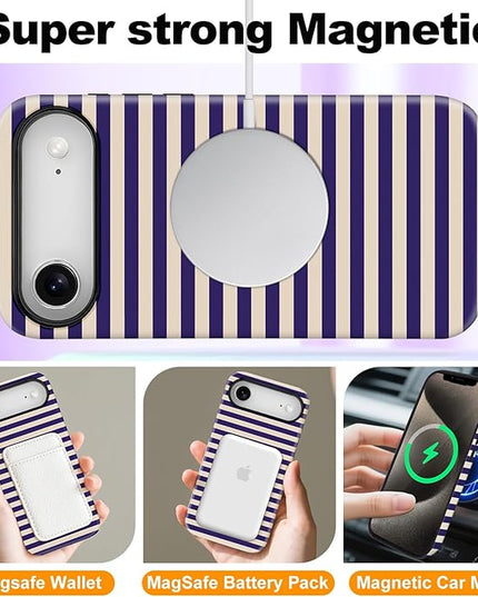 Magnetic for iPhone 17 Air Case Cute Stripes Phone Case, Shockproof Slim TPU and Hard PC Protective Phone Cover Compatible with MagSafe Designed for Women Girls, Blue&Apricot