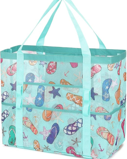 Mesh Beach Bag, Large Beach Tote with Zipper Pocket, Toys Pool Bag for Family Travel Vacation Cruise Essentials