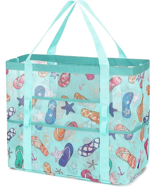 Mesh Beach Bag, Large Beach Tote with Zipper Pocket, Toys Pool Bag for Family Travel Vacation Cruise Essentials