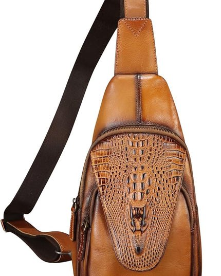 Genuine Leather Sling Bag Embossed Crocodile Pattern Leather Crossbody Sling Backpack Handmade Chest Purse Daypack (Brown)
