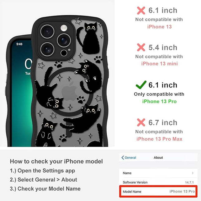Cute Case for iPhone 13 Pro Case [Compatible with MagSafe] with Kawaii Black Cats Cat Print Pattern Design for Women Girls, Soft Wavy Edge Anti-Slip Animal Magnetic Protective Phone Cover