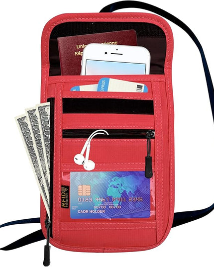 RFID Blocking Travel Neck Wallet Pouch and Passport Holder, Travel Neck Pouch Passport Holder for Women & Men - Red