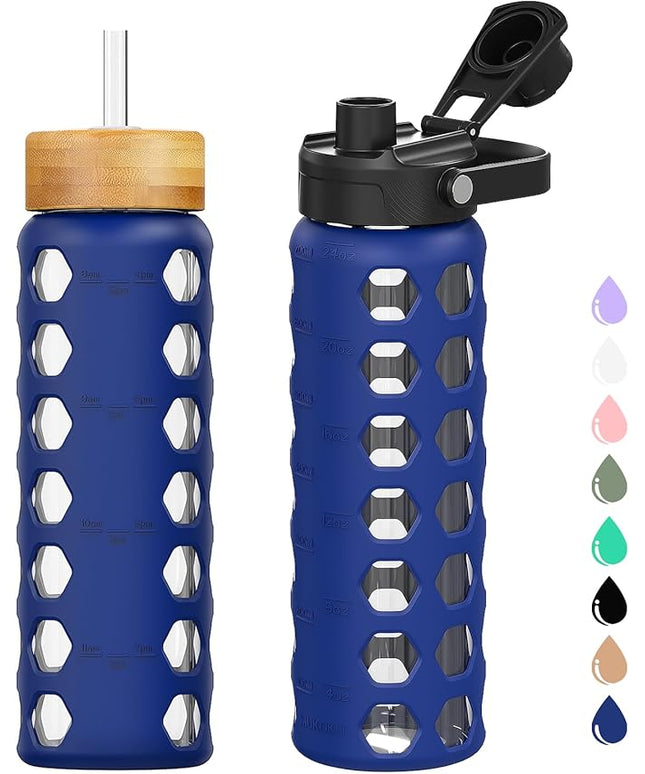 MUKOKO Glass Water Bottles, 24oz Glass Tumbler with Straw, Drinking Bottles with 2 Lids-Handle Spout Lid&Bamboo Straw Lid, Motivational Water Bottle with Time Marker and Silicone Sleeve, 1 Pack-Blue