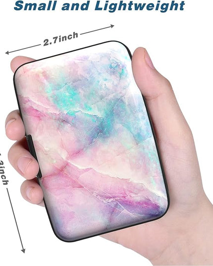 Atufsuat Credit Card Holder, Mini Aluminum Card Wallet RFID Blocking Slim Metal Hard Card Case for Women Men, Colorful Marble