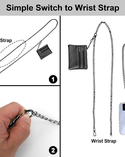 XANGNIER Clip and Go Strap for Phone with Wallet Crossbody, Phone Strap with Zippered Wallet, Adjustable Anti Theft Cellphone Lanyard for Women, Cellphone Chain Accessories,Chain Black