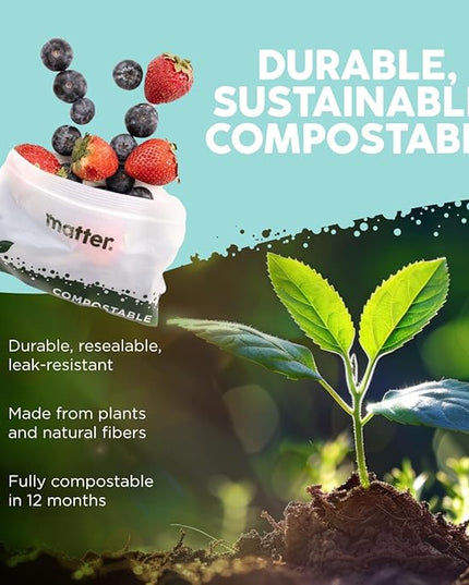 Matter Compostable Assorted Kitchen Bags, 230 Count, Biodegradable, Eco-Friendly Resealable Food Storage Variety Pack, 80 Snack, 80 Sandwich, 50 Quart & 20 Gallon