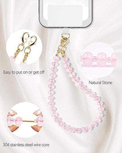Natural Stone Beaded Phone Wrist Strap for Women – Detachable Chain Wristlet, Durable 304 Stainless Steel Core (Rose Quartz)