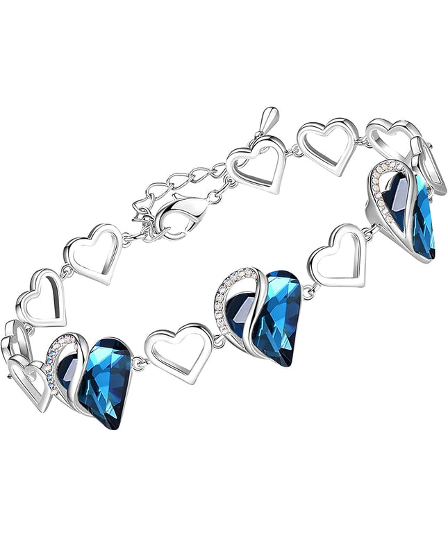 Leafael Infinity Love Heart Link Bracelets, Birthstone or Healing Stone Crystal Bracelet for Women, Silver Tone Jewelry Gifts for Her, 7-inch Chain and 2-inch Extender