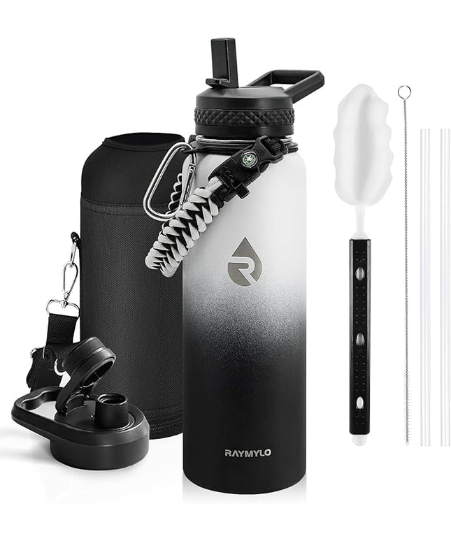 Insulated Water Bottle 40 oz, Triple Wall Vacuum Stainless Steel (Cold for 48 Hrs), Leak Proof & Non-BPA, Modern Water Flask Jug with Paracord Handle & Straw Spout Lids, Ombre: White/Black